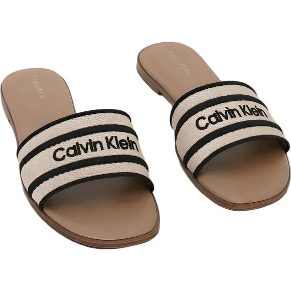 Calvin Klein Kendell Logo Slide Sandals Natural/Black Women US 6M - Picture 1 of 6